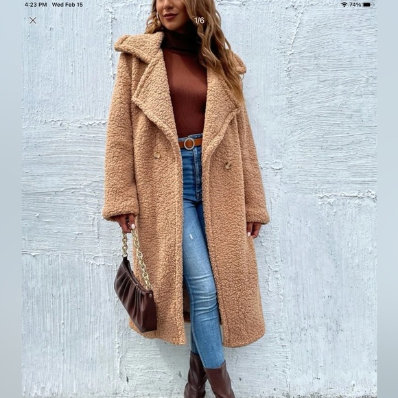 SHEIN NEW Lapel Neck Double Button Teddy Coat size L Camel Colour - Picture 2 of 4